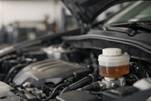Brake fluid reservoir inside a car engine bay with darkened brake fluid, showing routine brake fluid maintenance in a professional auto repair shop.