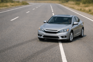 Silver sedan pulling slightly to one side while driving on a straight road, illustrating wheel alignment or steering issues