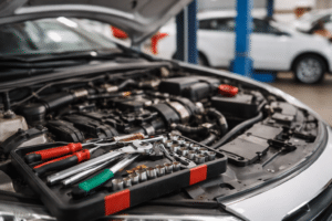 Open hood of a white car in an auto repair shop with a tray of tools on the engine, showing routine car maintenance and repair work.