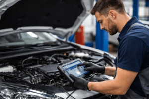 Mechanic performing professional diagnostics on car engine